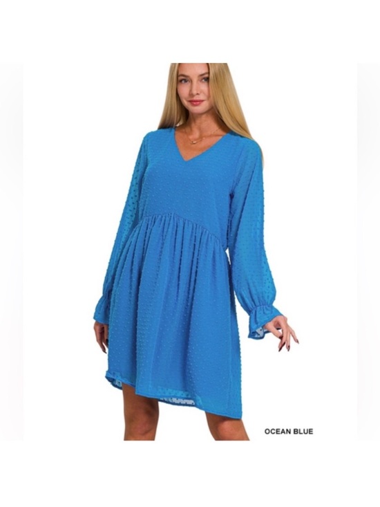 zenana Dresses & Skirts - Zenana Outfitters Ocean Blue V-Neck Long-Sleeve Babydoll Dress